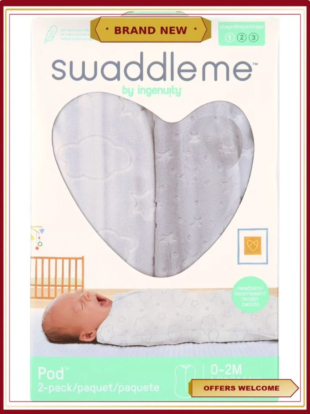 Newborn Sleep Swaddle 2-Pack Zip Up Clouds Stars 0-2 Months 5-12 lbs